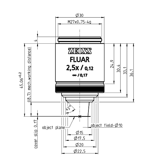 蔡司物镜ObjectiveFluar 2.5x/0.12 M27大视野平场大数值孔径物镜