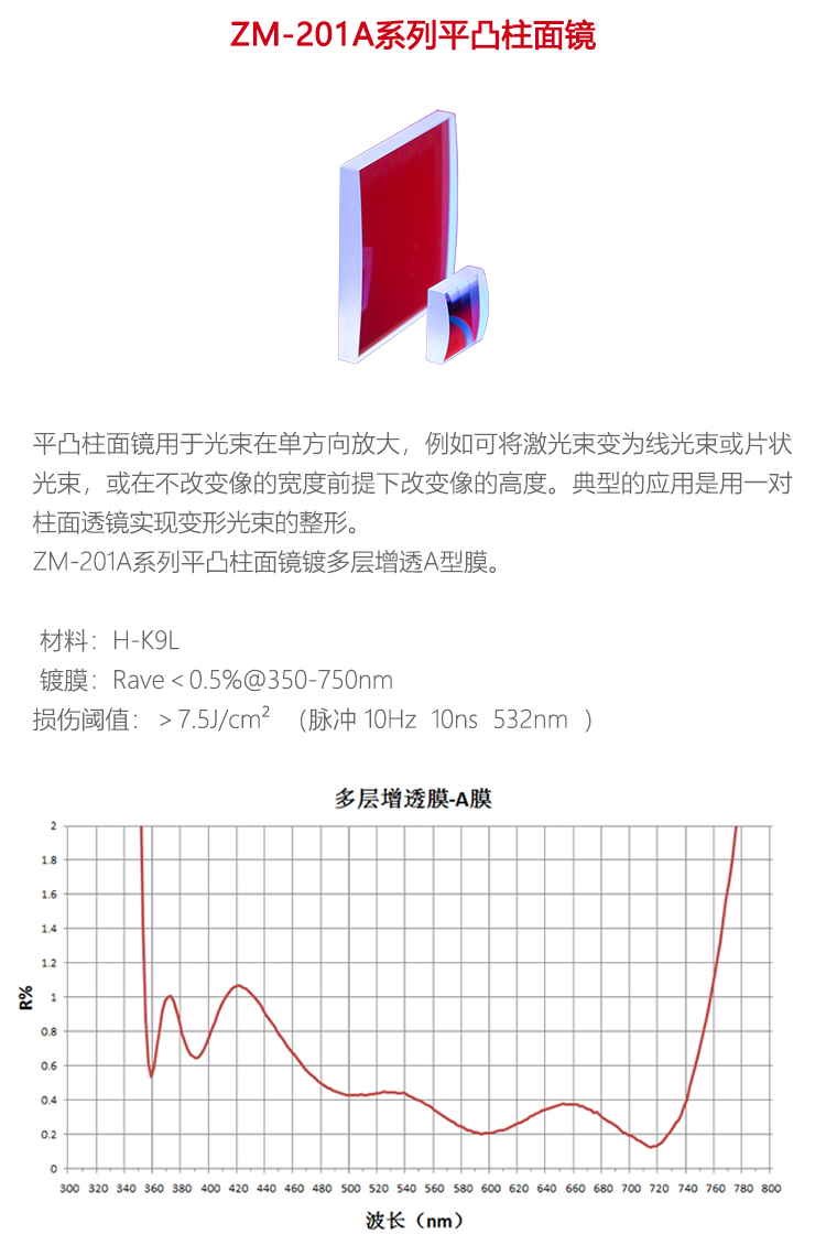 方形平凸柱面镜 增透膜350-750nm