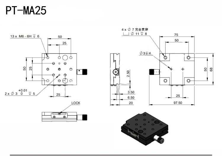 PT-MA25燕尾槽滑台手动精密位移台XY轴 行程25mm、50mm