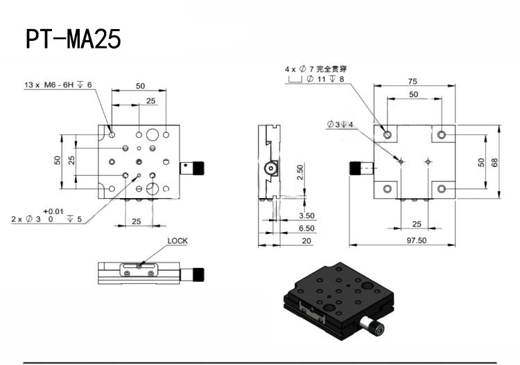 PT-MA25(XYZ)燕尾槽滑台手动精密三维位移台XYZ轴