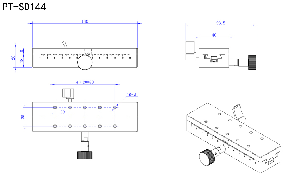 PT-SD24S 普通型手动平移台 齿轮齿条X轴滑台 X轴位移台 移动台